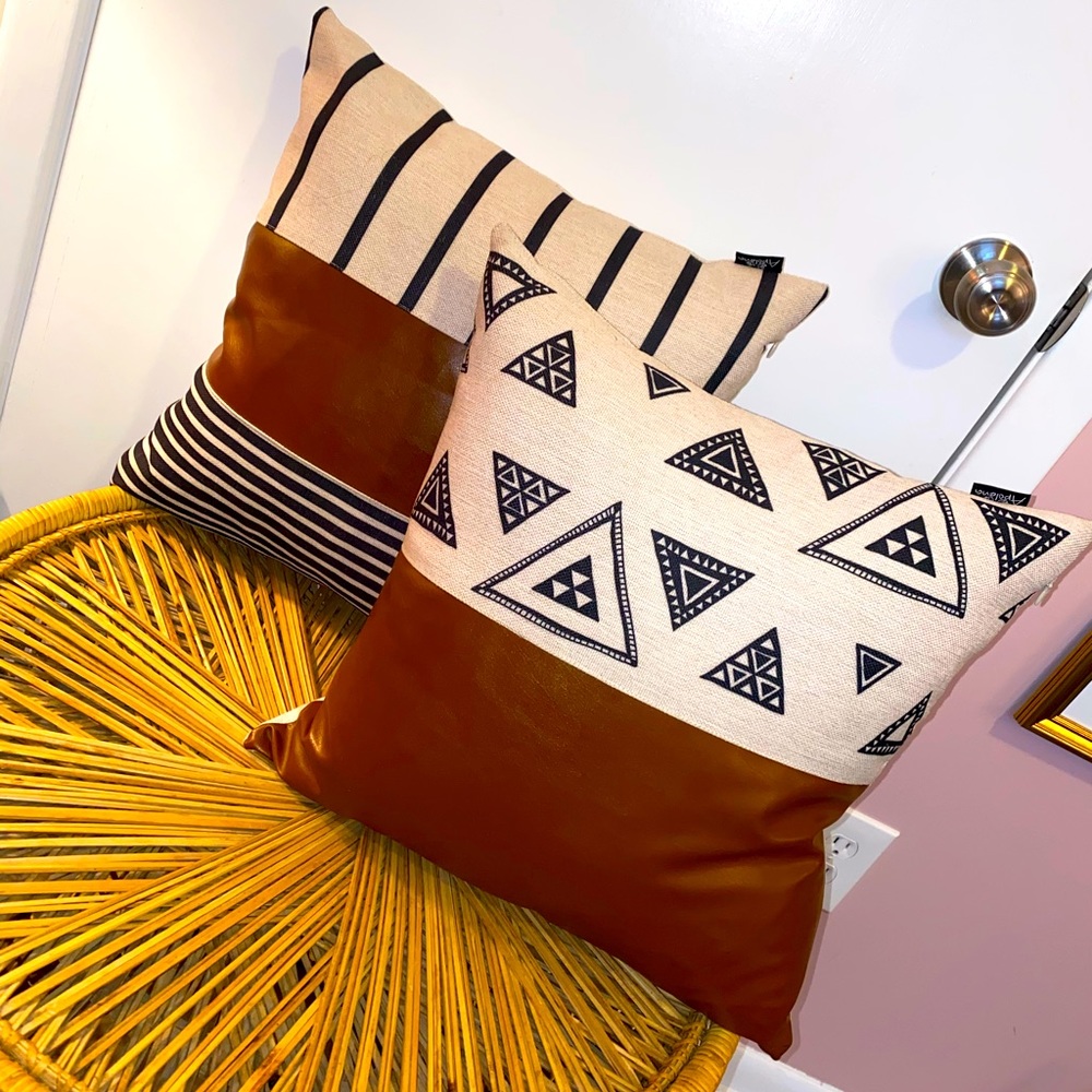 Faux leather accent throw pillows Aztec design